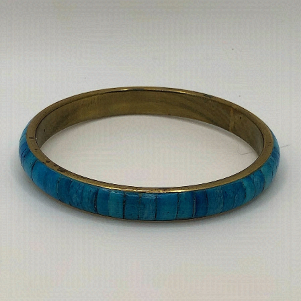 Vtg Turquoise Blue Dyed Bone Inlay Inlaid Brass Bangle 8” / 2.6” Diameter